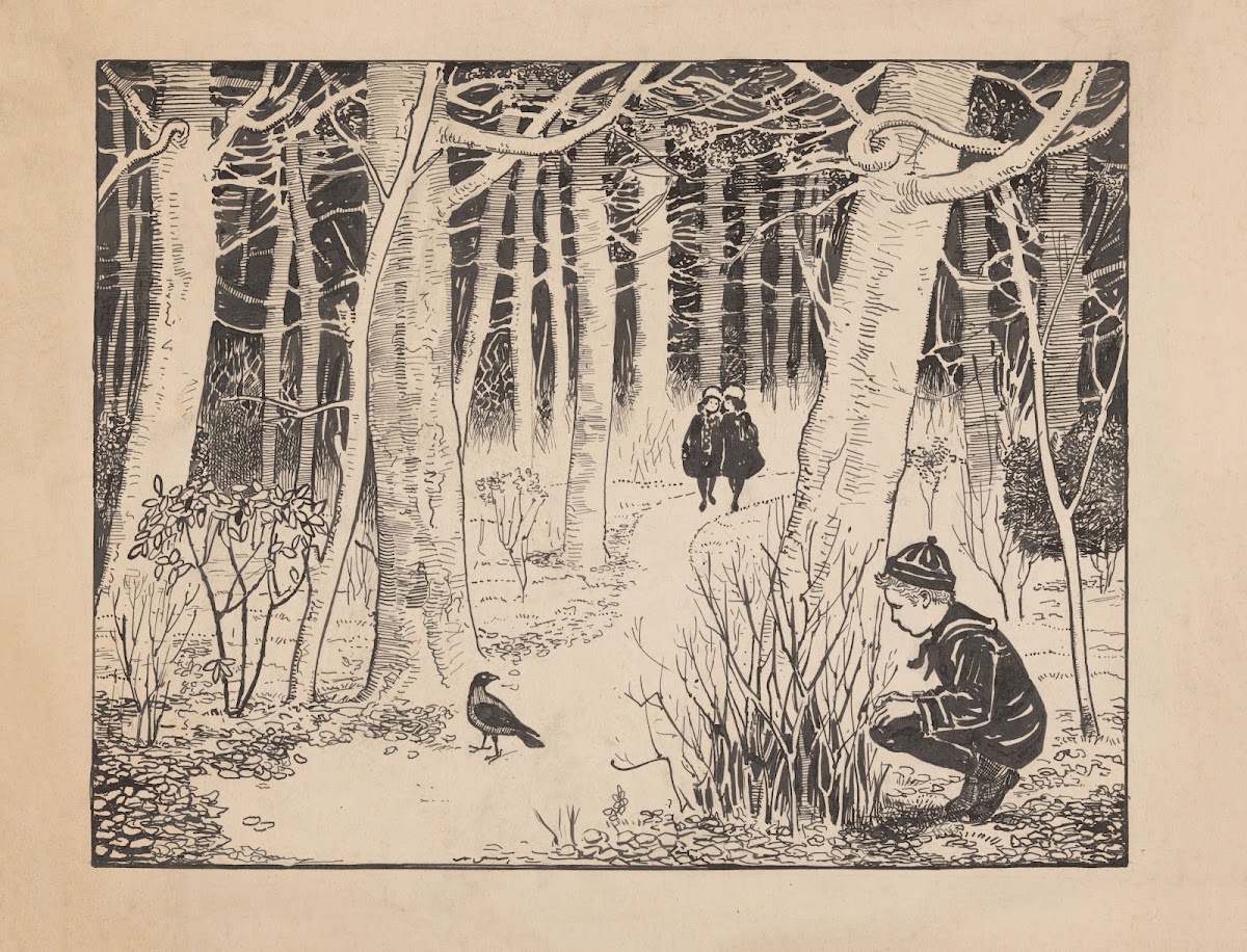 Jongen en twee meisjes in een bos 1880 1920