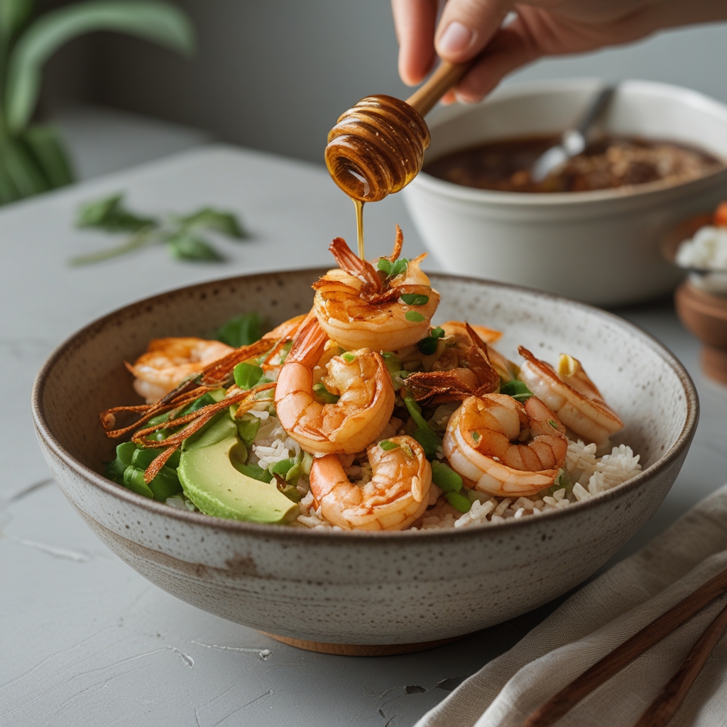 Honey Sriracha Shrimp Rice Bowl with Crispy Garlic & Avocado