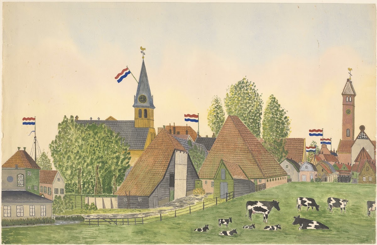 Mei 1945 de Nederlandse vlag wappert op de daken l de Ned Herv kerk r de rk kerk