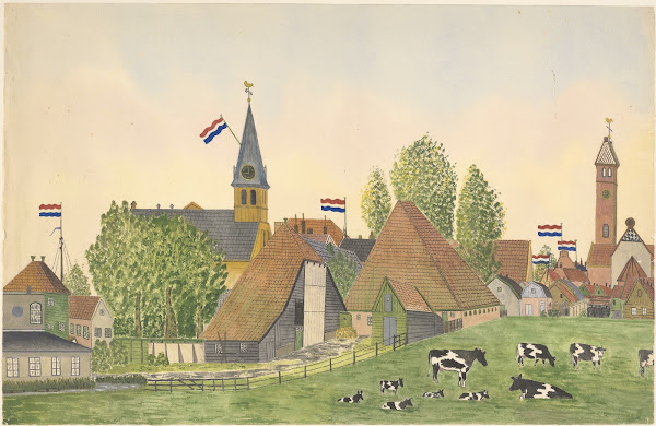 Mei 1945 de Nederlandse vlag wappert op de daken l de Ned Herv kerk r de rk kerk