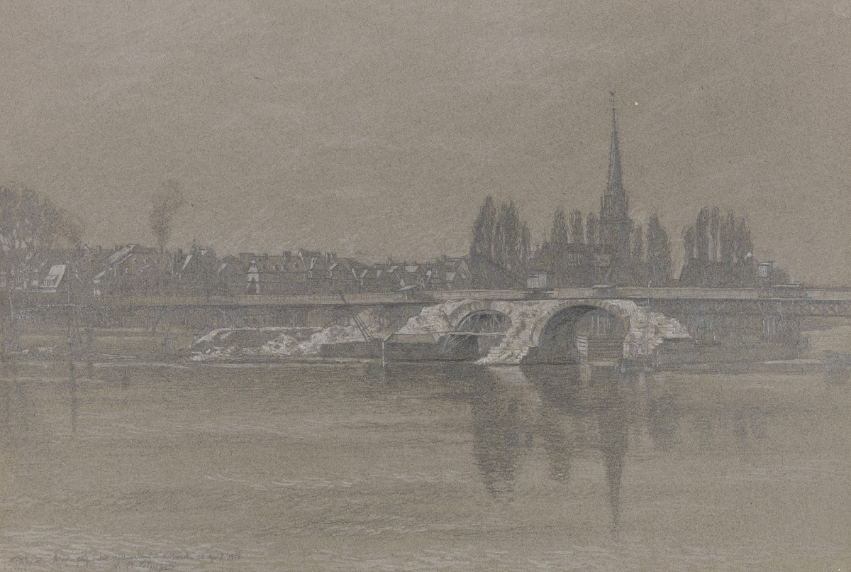 Reste der 1914 abgerissenen Alten Brücke in Frankfurt am Main 1915