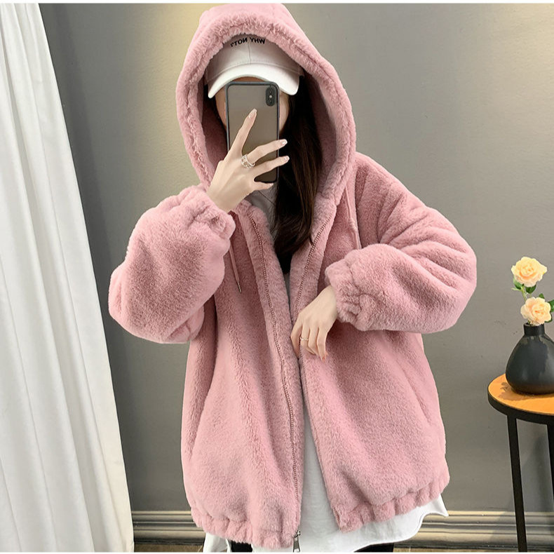Lamb fleece coat with hood, mid-length