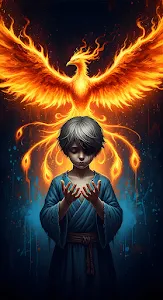 Dramatic Phoenix Bird and Young Boy Fantasy Scene