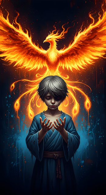 Dramatic Phoenix Bird and Young Boy Fantasy Scene - Free mobile Wallpaper