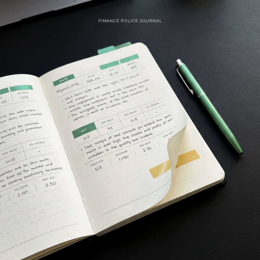 Close up of a trade journal and pen with handwritten notes and simple metrics on a plain desk illustrating investing in stock market for beginners in Finance Police brand colors