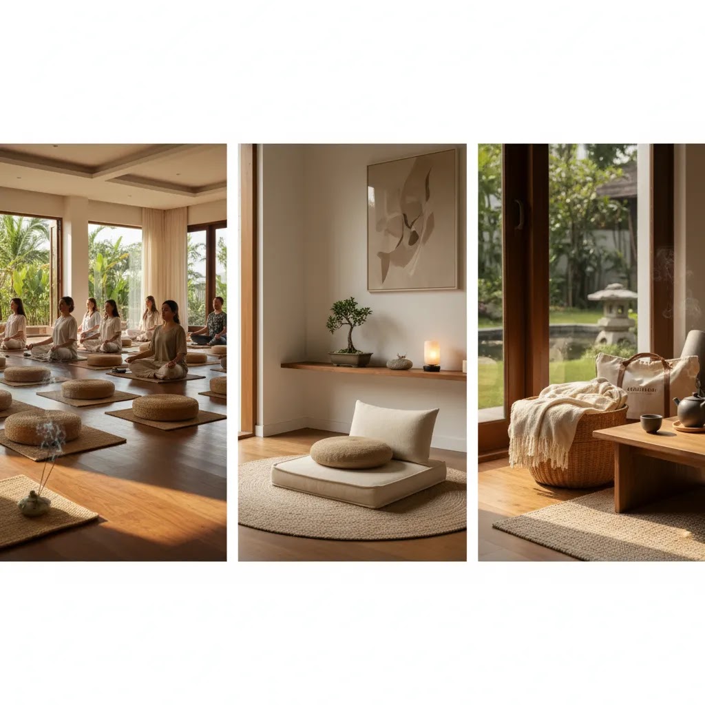 Meditation Singapore comparison image showing class, studio, and retreat options in a calm editorial layout