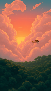 Cozy Sunset Biplane Flight Over Forest Illustration Art