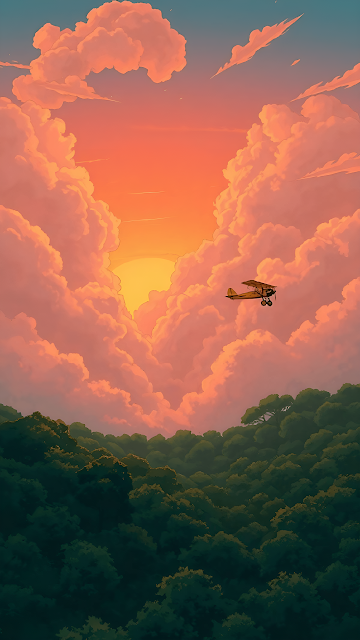 Cozy Sunset Biplane Flight Over Forest Illustration Art - Free mobile Wallpaper