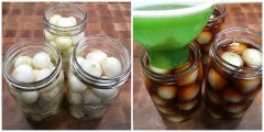 Làm sạch các lọ thủy tinh ngâm hành, trụng qua nước sôi, phơi khô hoặc dùng khăn lau (nhớ không được để lọ nếu không hành tây ngâm không bị hư). Cho hành tây vào hũ, chế nước ngâm vào các hũ hành tây. Đậy kín nắp, để ở nơi thoáng mát khoảng 3 - 4 tuần (tốt nhất 6 - 8 tuần để cho ra hương vị ngon nhất). Sau khi mở hành tây ngâm có thể bảo quản trong tủ lạnh được 3 tháng.