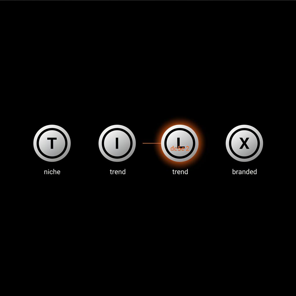 Minimal full-frame infographic on black background showing four abstract platform icons and short labels 'niche', 'trend', 'branded', with an orange accent highlighting hashtag effectiveness.