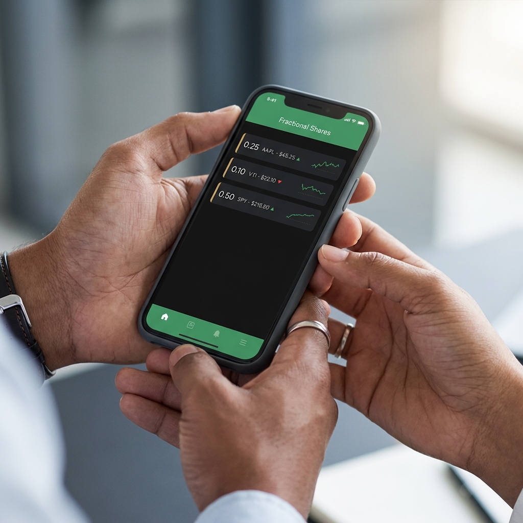 Close up of hands holding smartphone showing a broker app with fractional shares and ETF tickers demonstrating how to start an index fund