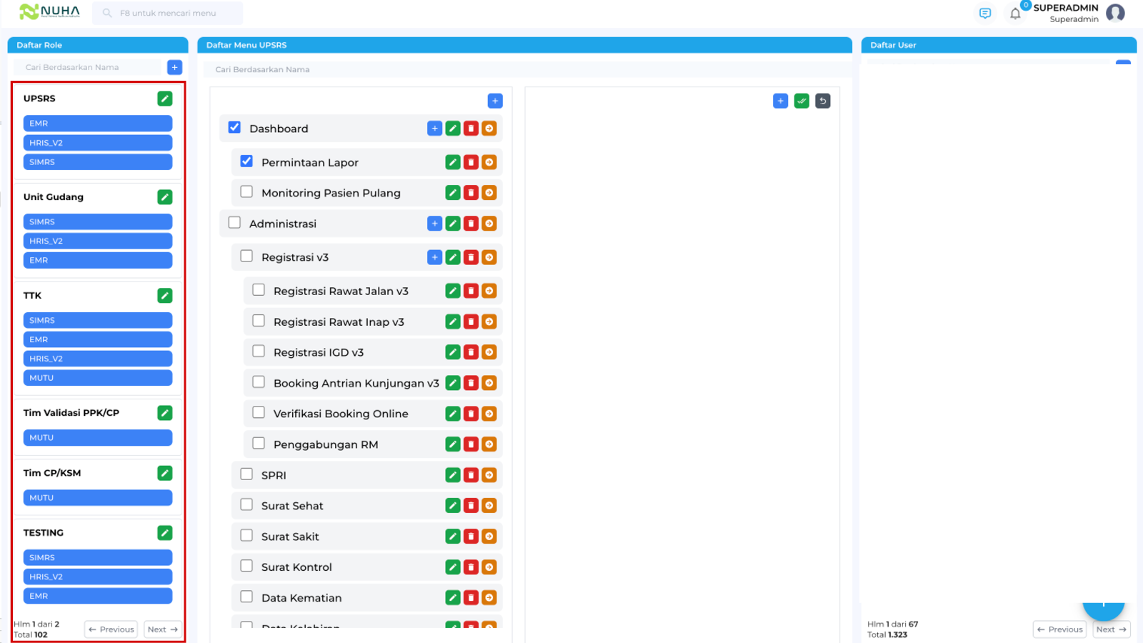 Tampilan fitur Kontrol Penggunaan Sistem pada Role & Access Management NUHA