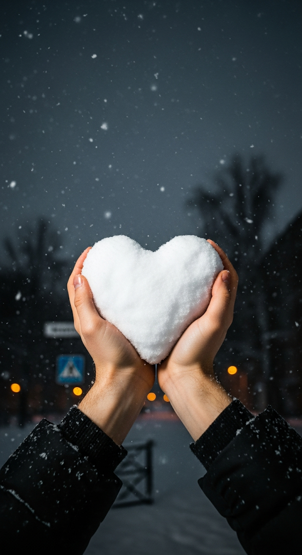 Woman's Hands Holding a Snow Heart in a City Snowfall at Night