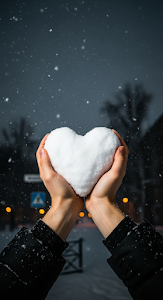 Woman's Hands Holding a Snow Heart in a City Snowfall at Night