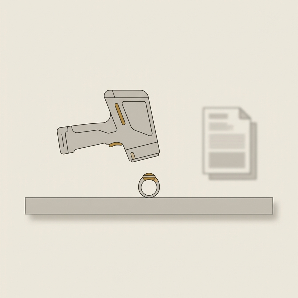 Minimalist 2D vector of a portable XRF analyzer scanning a ring on a conservation bench with blurred lab report pages in the background romanjewelry