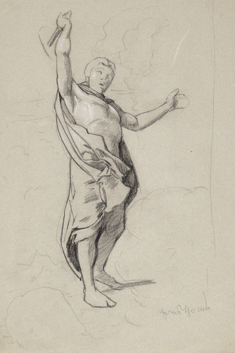 Semi Nude Man Wrapped in a Coat Standing among the Clouds with a Hammer in His R