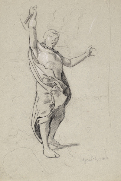 Semi Nude Man Wrapped in a Coat Standing among the Clouds with a Hammer in His R