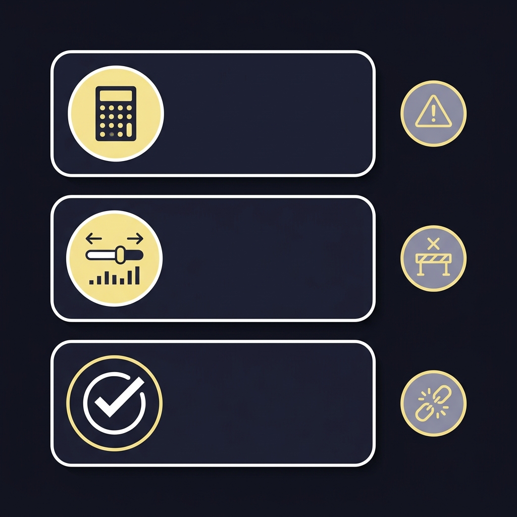 Minimalist 2D vector checklist showing three step conversion workflow and small common pitfalls icons on dark Funded Plays palette to help convert odds to percentage