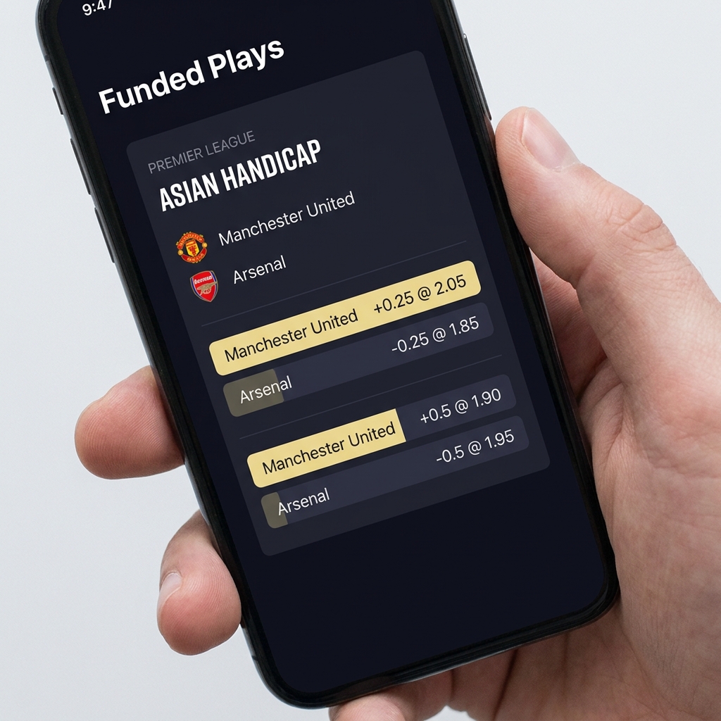 Close up mobile app market page showing an Asian handicap line with quarter and half increments on an asian sportsbook app using Funded Plays color palette