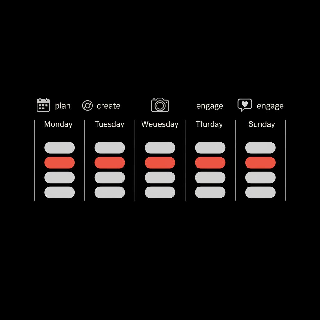 Minimal full-frame infographic showing a weekly content rhythm with three posts per day and batching blocks, vector icons for plan, create, engage — find my FB email and password on my phone
