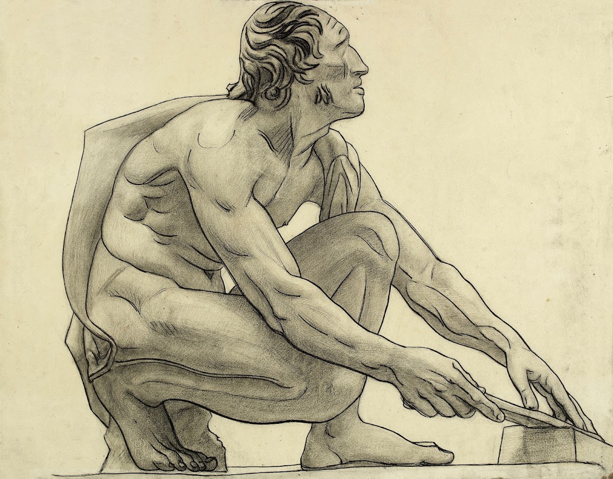 Homme nu accroupi de profil vers la droite