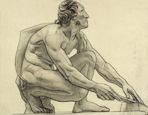 Homme nu accroupi de profil vers la droite
