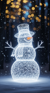 Illuminated Geometric Snowman in a Night Winter Forest