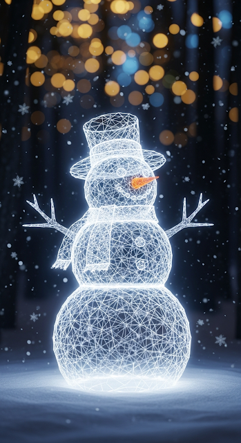 Illuminated Geometric Snowman in a Night Winter Forest