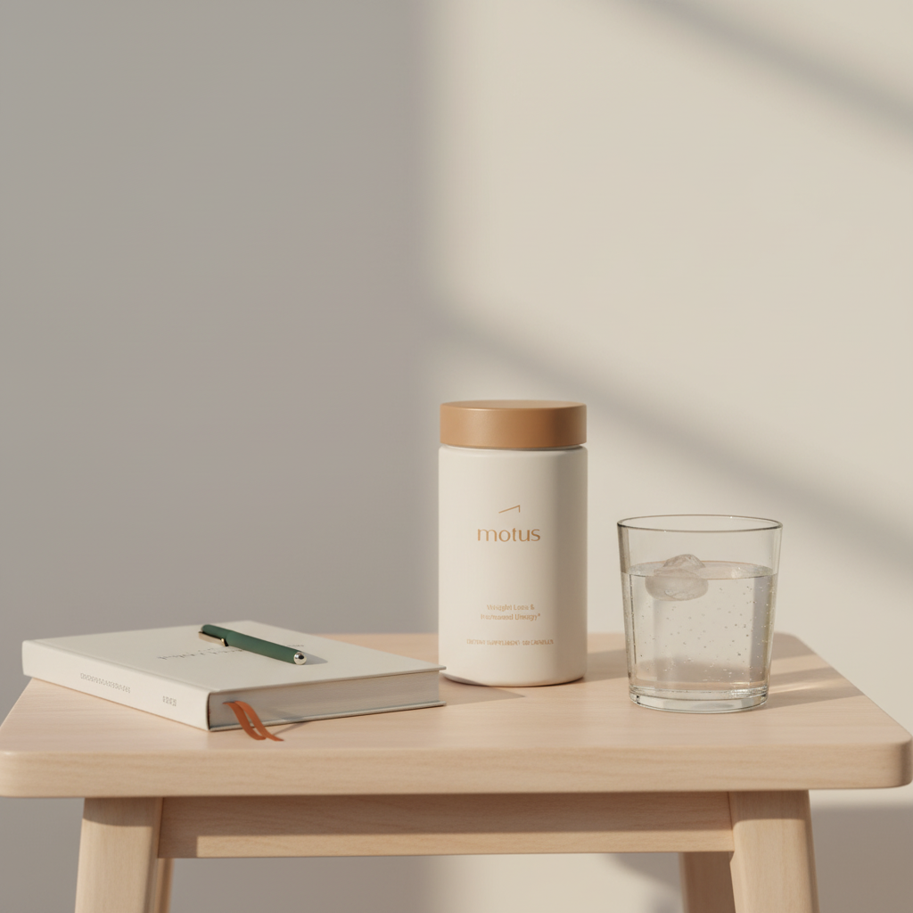 Tonum Motus bottle on a bedside wooden table with journal and glass of water, illustrating safe weight loss medications for adults in a minimalist morning routine.