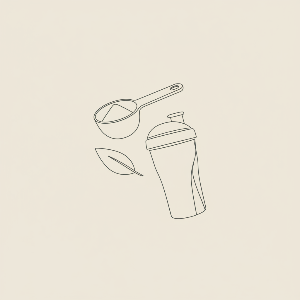 Minimalist vector line illustration of a protein scoop, shaker bottle and leaf symbolizing protein shakes for weight loss on a Tonum beige background #F2E5D5