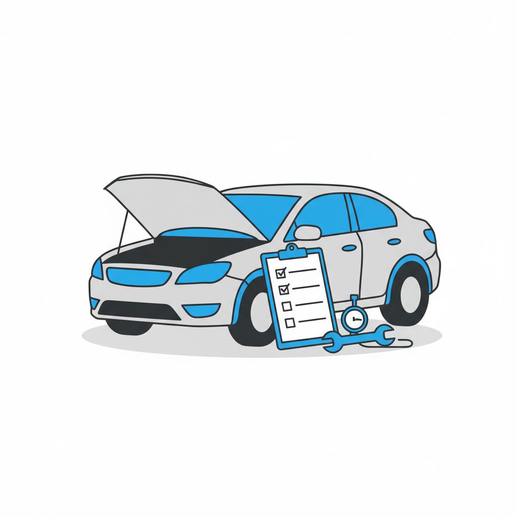 Minimalist 2D vector of a parked inspected used car with clipboard and mechanic tools representing repo cars for sale