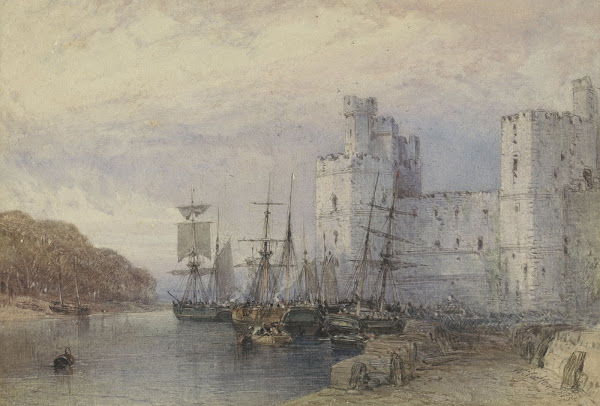 Landschap met schepen voor Caernarvon Castle 1883