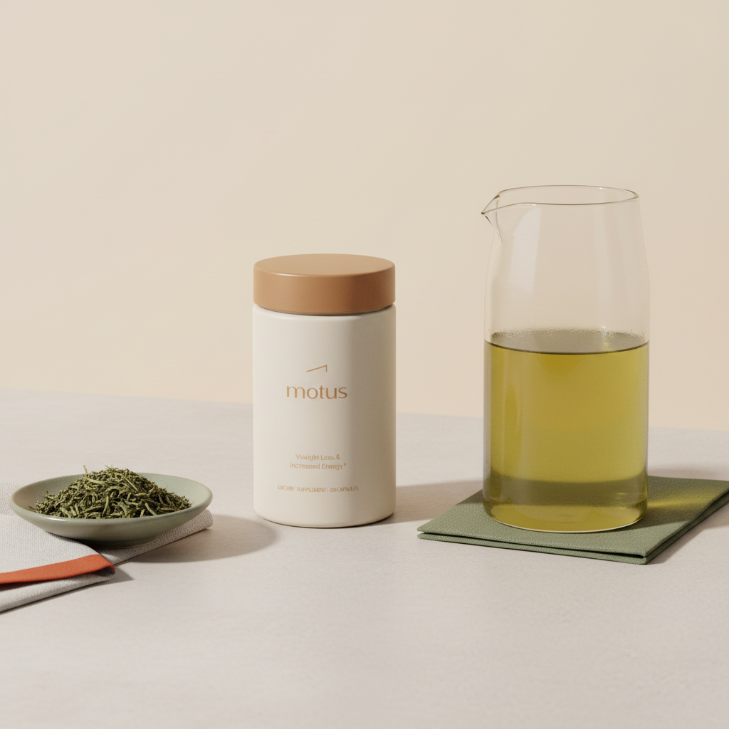 Minimalist still life of the Tonum Motus supplement jar beside a glass carafe of cold-brew green tea and a small dish of loose leaves, illustrating a fat burning tea trick