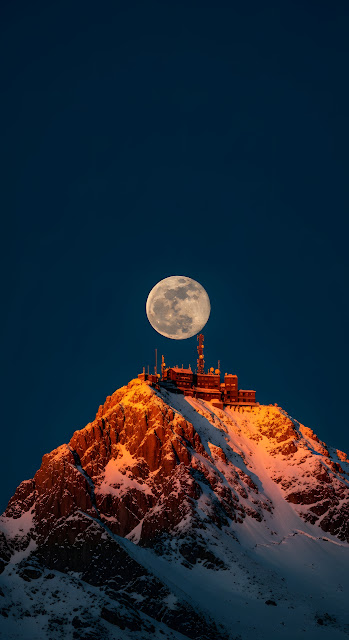 Dramatic Sunset View of Snowy Mountain Peak and Telephoto Moon - Free mobile Wallpaper