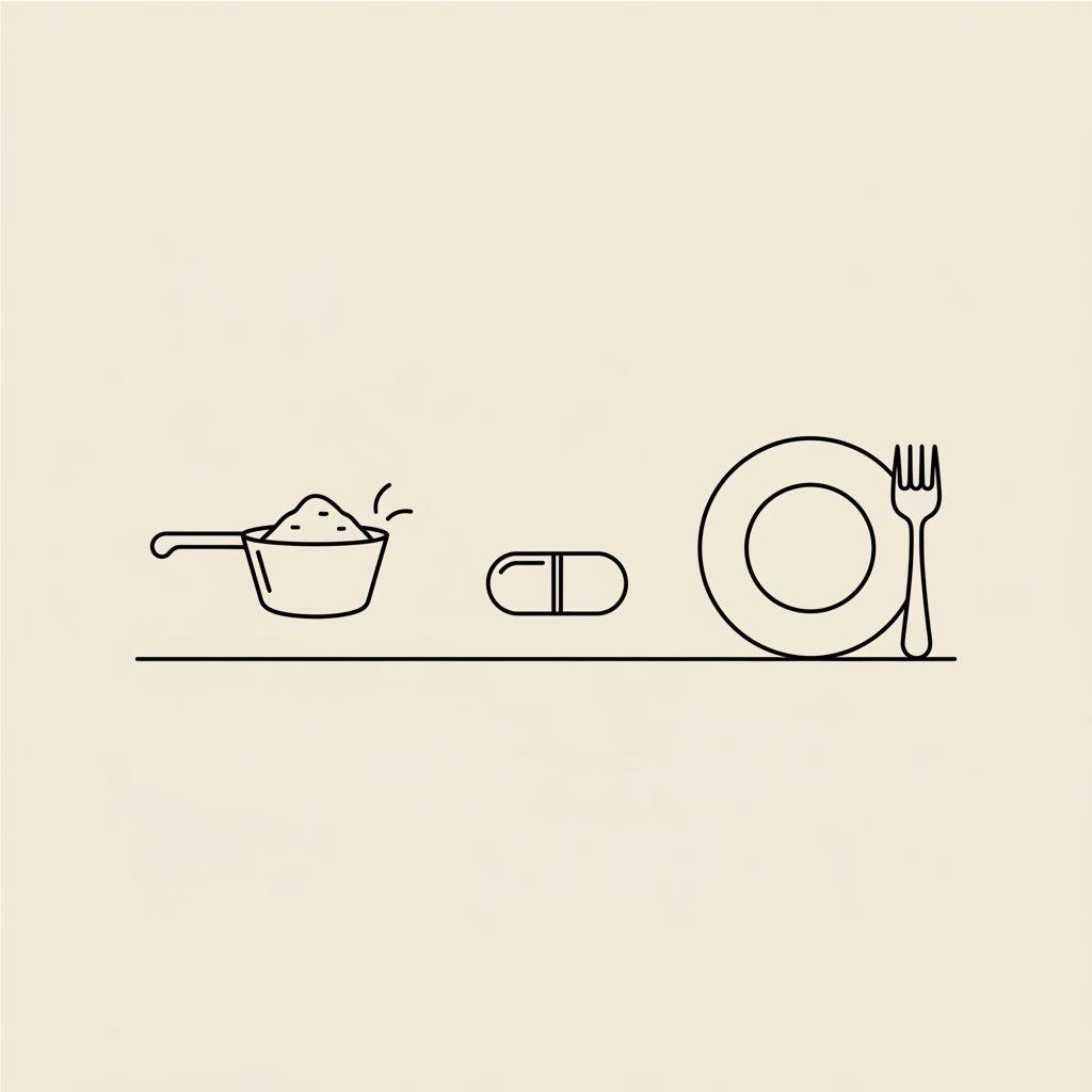 Minimalist vector line illustration of a protein scoop, capsule and plate with fork on beige background, representing whey protein dosage for weight loss