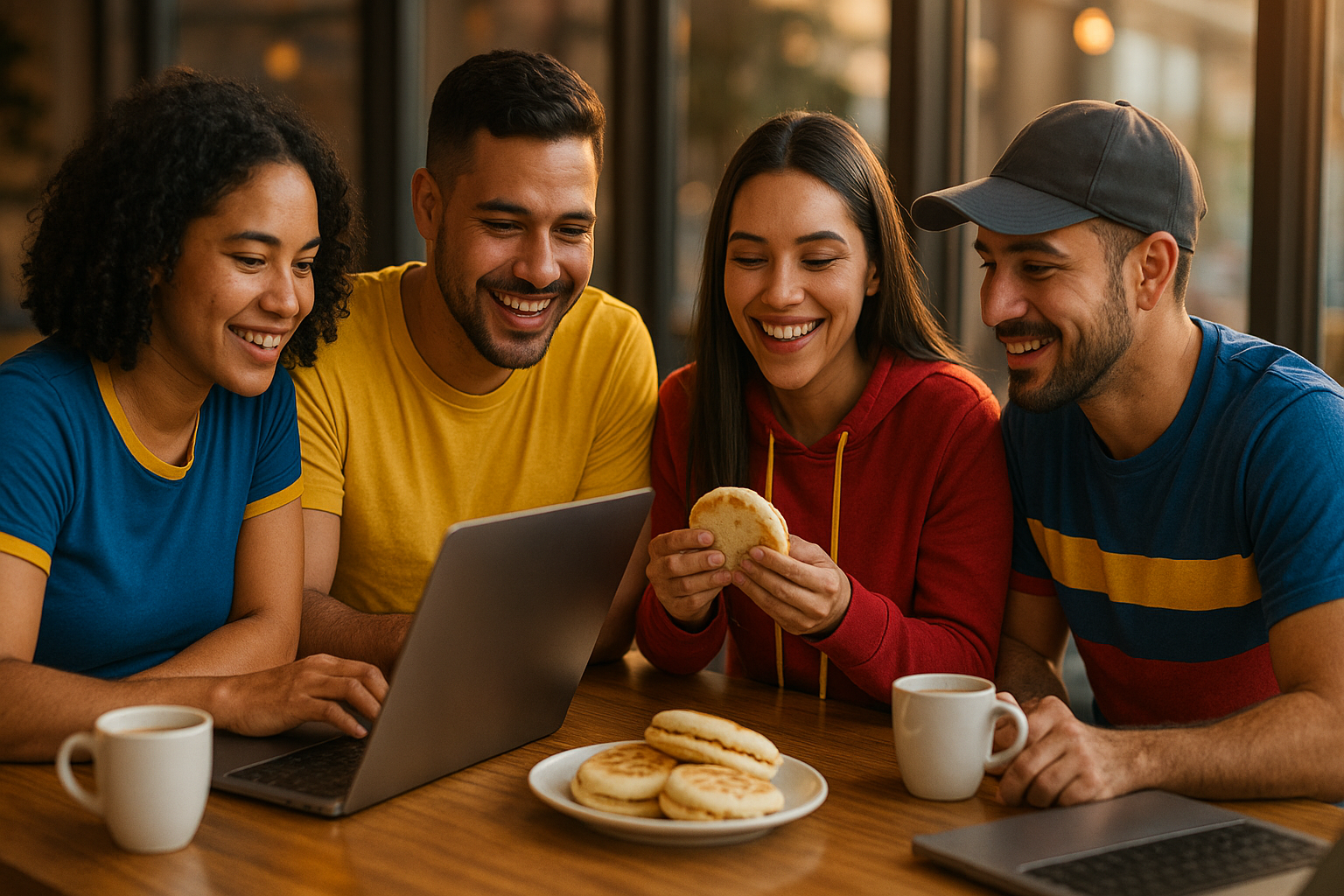 Venezolanos en un café del exterior trabajando en laptops y compartiendo arepas, ambiente cálido de colaboración