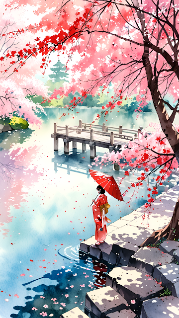 Japanese Sakura Garden Watercolor Kimono Woman Art - Free mobile Wallpaper