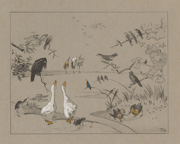 Verschillende vogelsoorten rond een vijver 1892