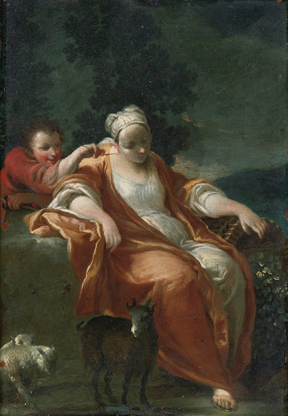 A Shepherdess Resting With A Young Boy Tickling Her Ear