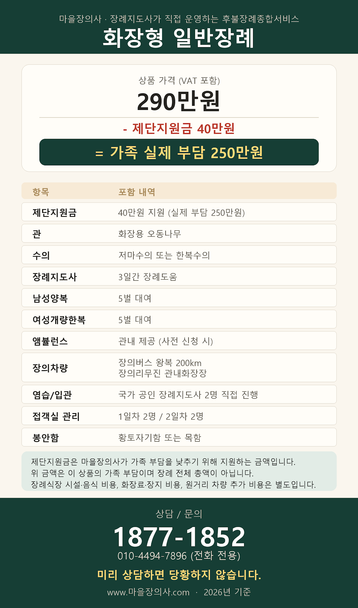 마을장의사 화장형 일반장례 290만원 상품 구성표 (제단지원 40만원 반영 시 가족 부담 250만원)