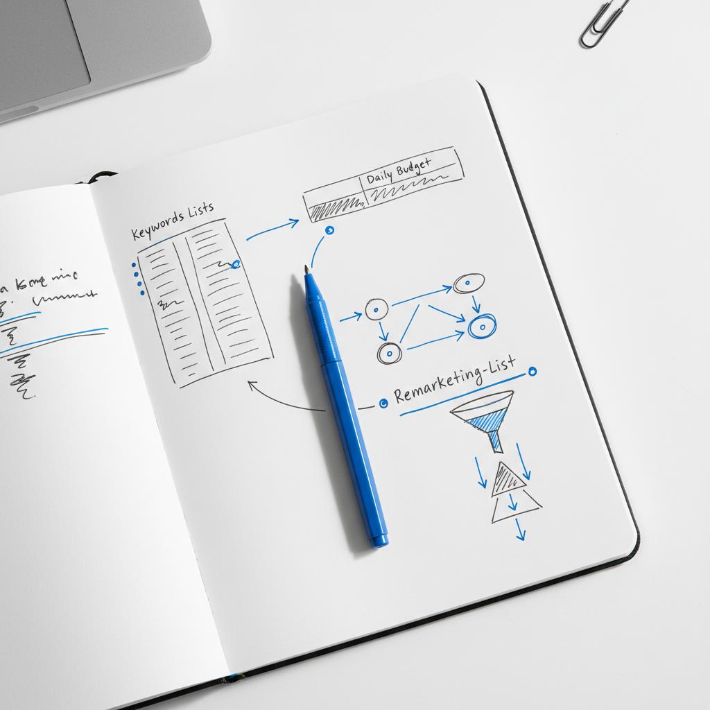 Top-down close-up of a tidy desk notebook with sketched ad experiment notes, budget blocks and remarketing list; blue pen accent. Is $10 a day enough for Google Ads?