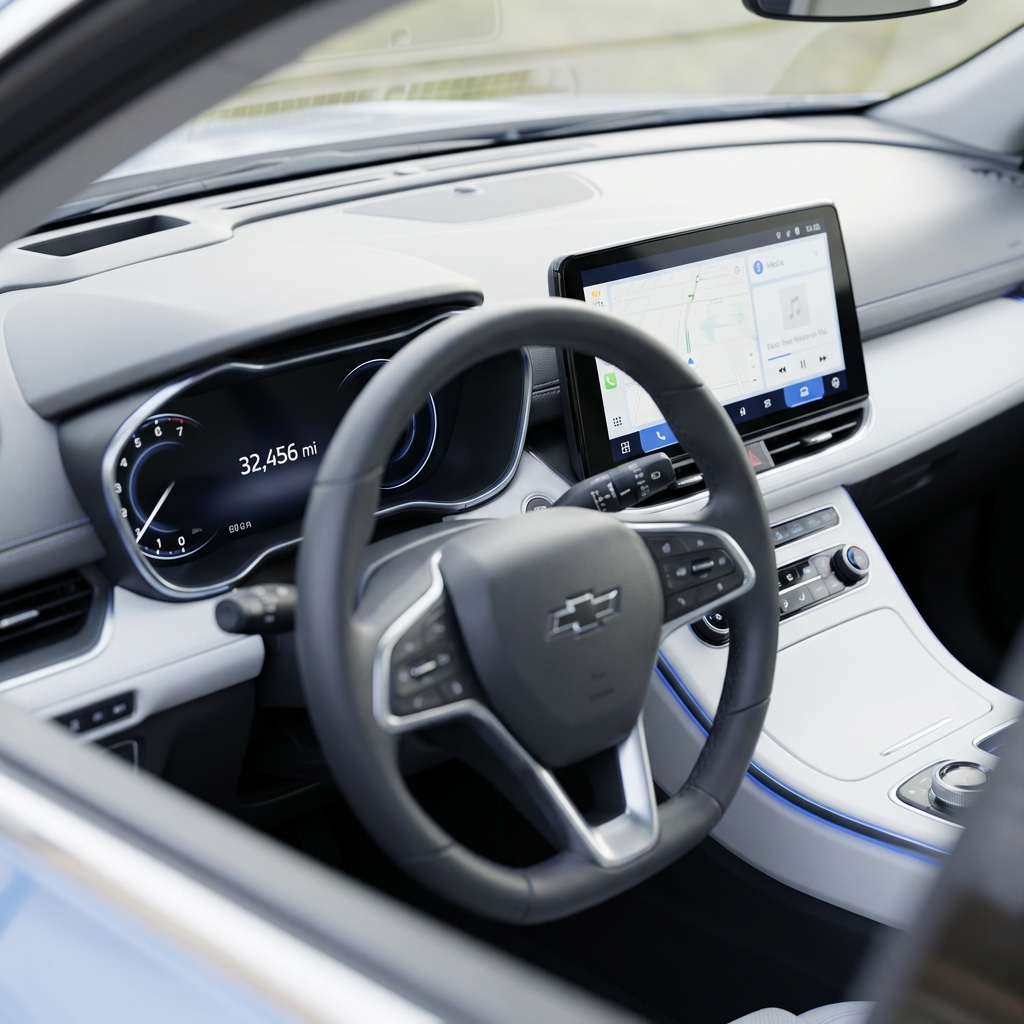 Close up interior dashboard of chevy impala for sale showing clear odometer reading and infotainment touchscreen with white cabin and blue accent trim