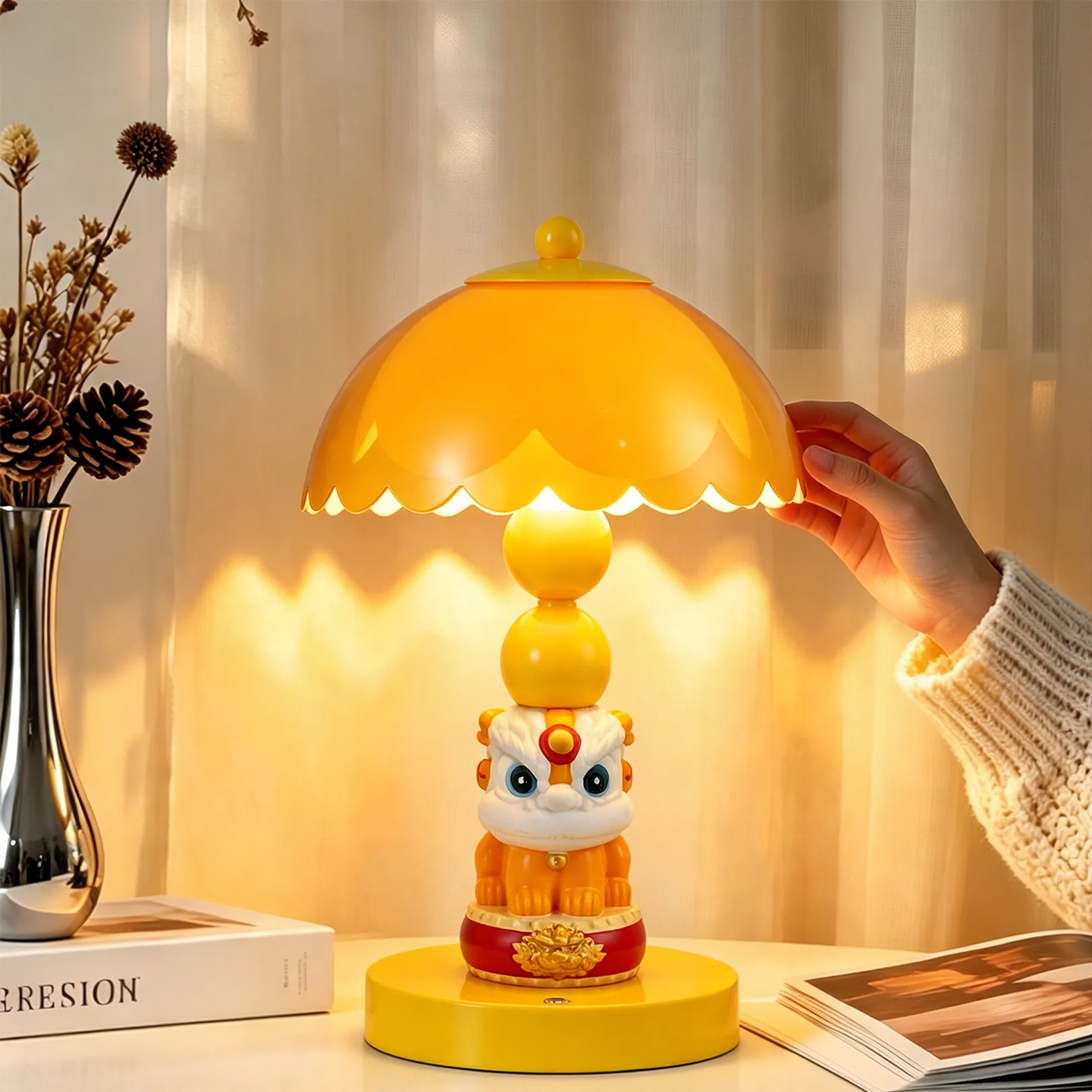 Chinese Lion Dance Mushroom Table Lamp