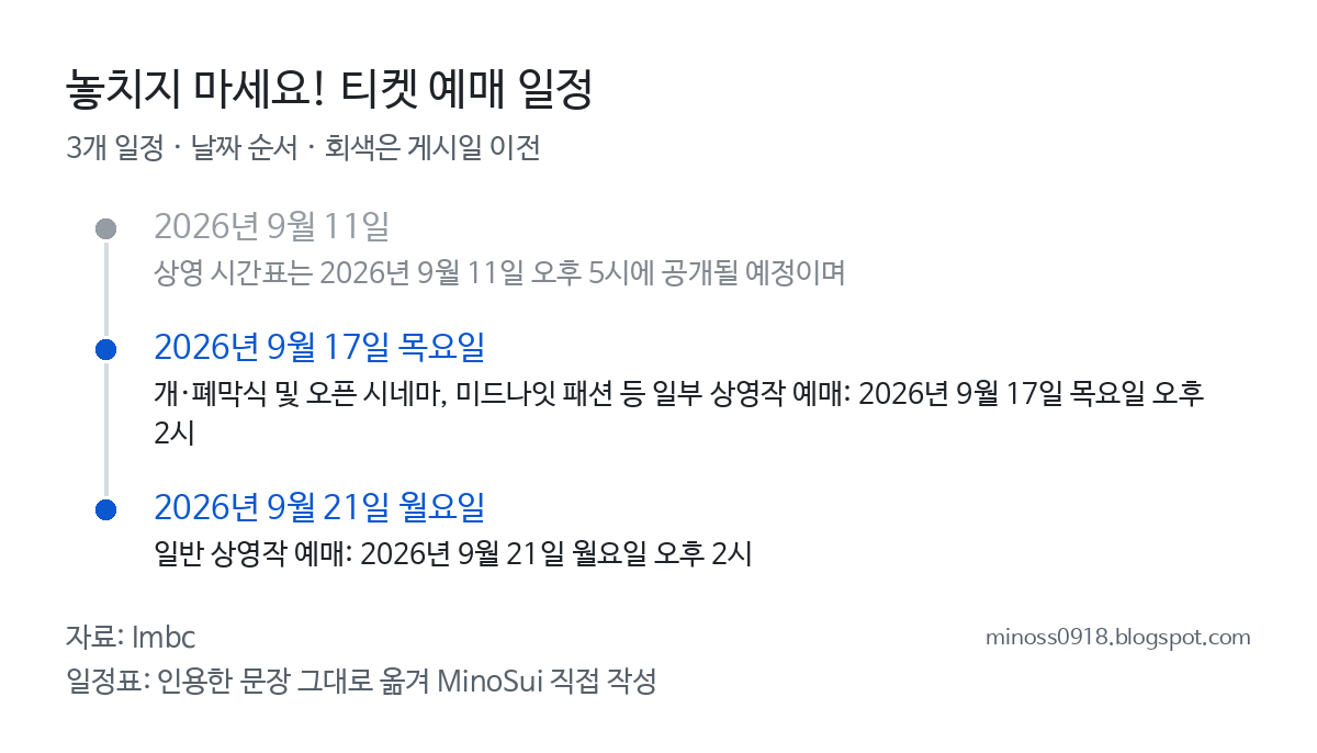 놓치지 마세요! 티켓 예매 일정 일정표: 2026년 9월 11일, 2026년 9월 17일 목요일, 2026년 9월 21일 월요일