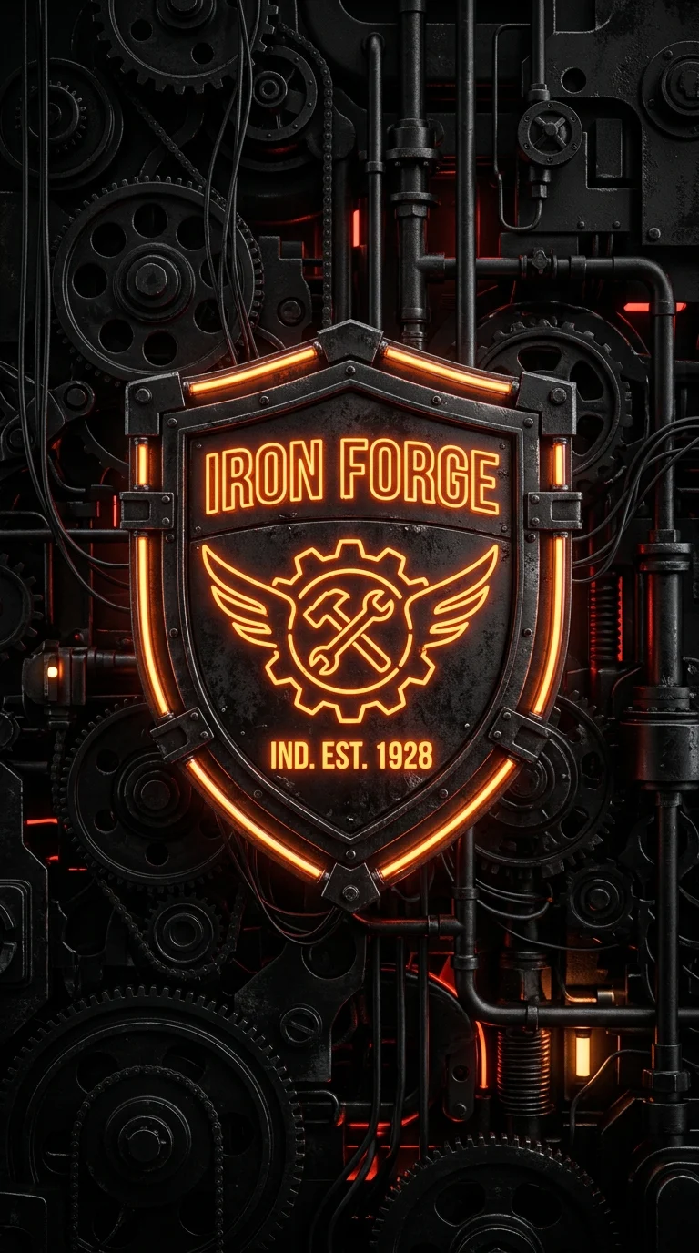 3D Shield Icon with Orange Neon Tubes and Mechanical Gears - Free 4K mobile Wallpaper
