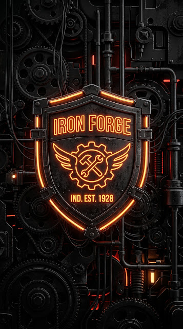 3D Shield Icon with Orange Neon Tubes and Mechanical Gears - Free mobile Wallpaper