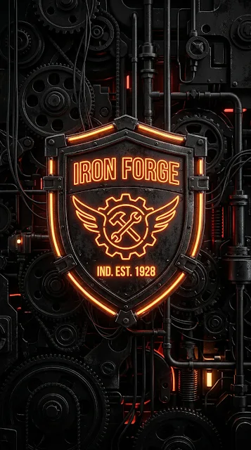 3D Shield Icon with Orange Neon Tubes and Mechanical Gears