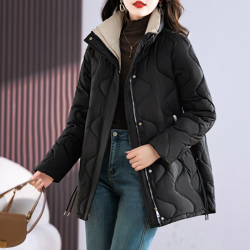 Long women's winter jacket with stand collar
