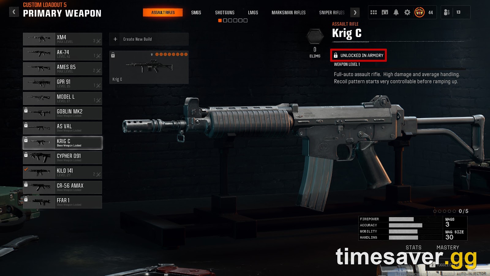 Warzone weapon loadout screen showing a rifle Unlocked in Armory with locked base weapons and weapon levels