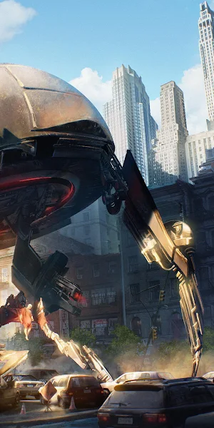 Sci-Fi City, Alien Invasion, Giant Mech, Dystopian Art 4K Wallpaper Background